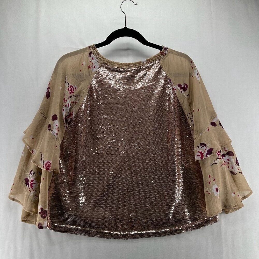 Free People Top Size S Shimmy & Shake Sequin Floral Tiered Bell Sleeve Brown - Picture 3 of 12